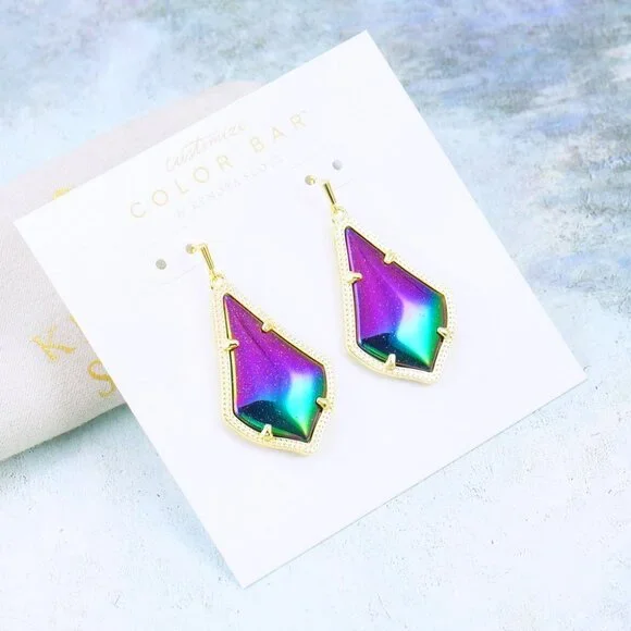 Kendra Scott Alex Iridescent Blue Goldstone Earrings Gold Plated - Picture 4 of 5